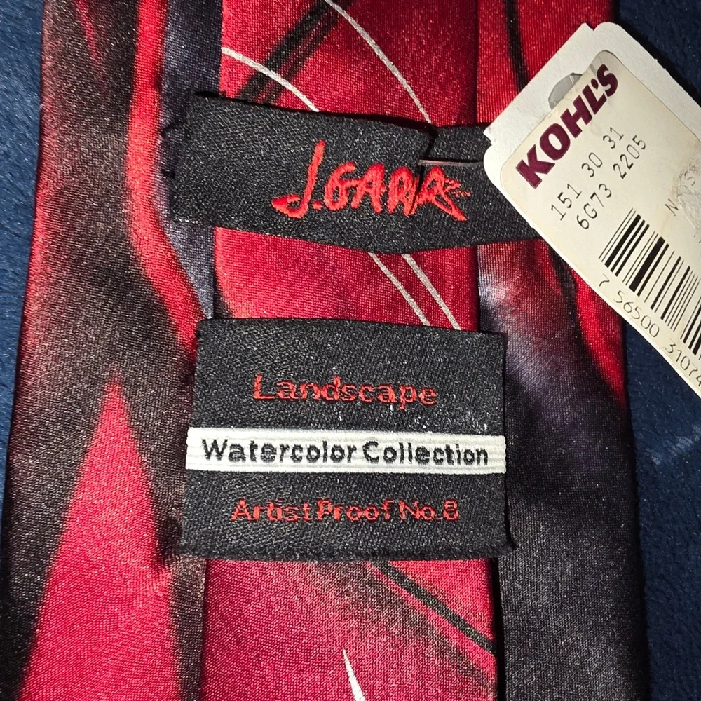 J. Garcia Silk Tie Red Black Abstract Landscape Watercolor Artist Proof No 8 NWT